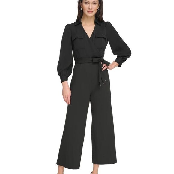 DKNY Women's Collared Tie-Waist Long-Sleeve Jumpsuit Black 2 NWT - Picture 1 of 16